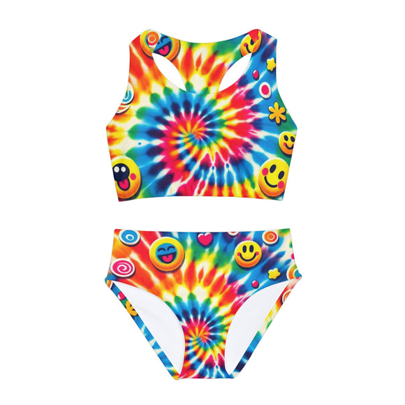 Vibrant Rainbow Swirl Two-Piece Swimsuit for Girls - Perfect for Pride Festivals and Beach Raves. This colorful swimwear features swirling patterns in pride-inspired rainbow colors, ideal for celebrating diversity and love at any festival or rave event.