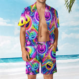 Eye-catching Neon Joy Men's Rave Two-Piece Shorts Set from Prism Raves, featuring a vivid and colorful print designed for the ultimate rave enthusiast. This set includes a comfortably fitted top and matching shorts, ideal for standing out in the crowd and staying cool during those epic festival nights.