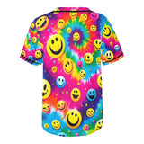 PLUR Smiles Rave Baseball Jersey" - Colorful tie-dye smiley face patterned baseball jersey for ravers and festival-goers, available in various sizes from XS to 4XL. Made of 100% polyester mesh fabric for lightweight comfort and breathability. Features a full-button front, V-neck, rounded hem, and short sleeves. Ideal for EDM events and rave parties.
