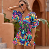Stylish Rave Adventure Swim Cover-Up featuring vibrant, psychedelic patterns and a lightweight, flowy design, ideal for complementing your festival swimwear ensemble, available at Prism Raves.