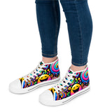 Hyper Groove Women's High Top Canvas Rave Sneakers - High top sneakers with silver eyelets and lace-up closure. Made for raves and festivals, featuring breathable polyester canvas and hi-poly deodorant memory foam insoles. Customize with your own designs. Source: Prism Raves