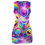 Vibrant Neon Joy Rave Dress featuring colorful patterns perfect for EDM festivals and Pride events, available at Prism Raves.