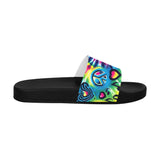 Colorful Happy Vibes Women's Rave Slide Sandals from Prism Raves, showcasing a bold, eye-catching design with psychedelic patterns in vibrant hues of pink, blue, green, and yellow for an ultimate comfortable and fashionable festival footwear choice.