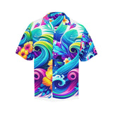 Eye-catching Neon Tropic Hawaiian shirt in brilliant shades of blue, adorned with a vivid and colorful Palaka-inspired pattern. The shirt embodies the Aloha spirit, making it an ideal choice for ravers and festival-goers. Its tropical and playful design is perfect for standing out at any EDM event or Pride celebration, bringing a piece of paradise to the dance floor.