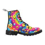 A pair of PLUR Smiles Women's Rave Boots featuring vibrant, colorful smiley faces against a black background, symbolizing the rave culture's ethos of Peace, Love, Unity, and Respect. These boots are designed for comfort and style, perfect for any festival-goer looking to make a bold statement.