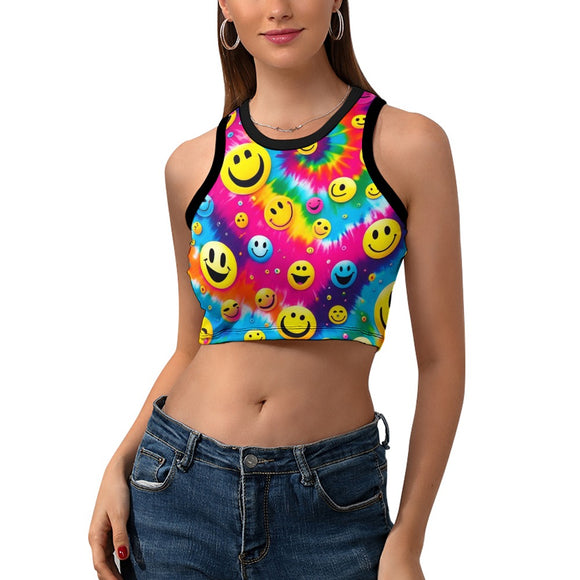 PLUR Smiles Racerback Crop Top, featuring a sleek black edging and a breathable, comfortable fit designed for raves, EDM festivals, and pride events, displayed on a plain background to emphasize its stylish, functional design perfect for dance and music enthusiasts.