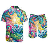 Euphoric Tides Men's Rave Swimwear Set on Prism Raves: Lightweight, Quick-Drying Peach Skin Fabric with Retro V-Neck Design and Comfortable Beach Shorts, Perfect for Festivals and Beach Days.