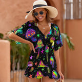 Mystical Fungi Dreamscape Swim Cover-Up, perfect for beach or pool, available in multiple sizes with matching swimsuit, shoes, bags, and hat featuring enchanting mushroom designs on flowy chiffon fabric, ideal for rave and festival ensembles, available at Prism Raves.