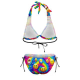 Eternal Joy Rave Plus Size Bikini featuring vibrant colors and a stylish design. The bikini has wide straps, a low waist triangle top with adjustable neck and back ties, and side-tie swim trunks, tailored for comfort and a perfect fit for plus-size ravers at any EDM festival or rave event.