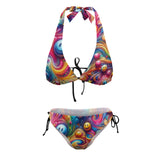 Vibrant Joyful Whirls Plus Size Rave Bikini from Prism Raves, tailored for women with adjustable straps and side ties, ensuring a snug fit for festival enthusiasts and rave-goers, highlighted by its durable, skin-friendly polyester fabric.