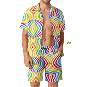 Vibrant Abstract Pride Men's Festival Shorts Outfit, available in multiple sizes, showcasing a bold, colorful abstract design ideal for EDM events and rave festivals, comprising a stylish two-piece set for men, perfect for expressing individuality and pride at any music event