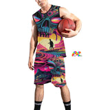 men's two-piece rave basketball set with a sleeveless shirt with a crew neck, shorts have elastic waist and are loose fit, has a psychedelic alien head wearing sunglassess and bright colors sizes small to 2XL Alien Invasion Men's Rave Shorts Set - Cosplay Moon