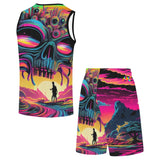 men's two-piece rave basketball set with a sleeveless shirt with a crew neck, shorts have elastic waist and are loose fit, has a psychedelic alien head wearing sunglassess and bright colors sizes small to 2XL Alien Invasion Men's Rave Shorts Set - Cosplay Moon