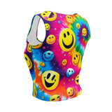 A vibrant PLUR Smiles Rave Crop Top featuring an all-over print of colorful smiley faces, embodying the rave ethos of Peace, Love, Unity, and Respect. This body-hugging, sleeveless scoop neck top is crafted from a stretchy polyester-spandex blend, making it perfect for EDM festivals and rave parties.