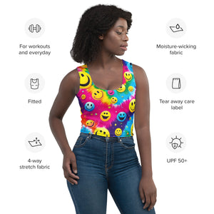 A vibrant PLUR Smiles Rave Crop Top featuring an all-over print of colorful smiley faces, embodying the rave ethos of Peace, Love, Unity, and Respect. This body-hugging, sleeveless scoop neck top is crafted from a stretchy polyester-spandex blend, making it perfect for EDM festivals and rave parties.