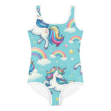 Unicorn Dreamscape one-piece girls' swimsuit featuring a magical array of pastel colors and whimsical unicorn patterns. Perfect for young rave enthusiasts and festival-goers, this swimsuit combines comfort and style with a touch of fantasy, ideal for making a splash at any pool party or beach rave.