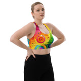 Pride Fusion Longline Sports Bra in rainbow colors, featuring double-layered front for support and removable padding, ideal for both intense workouts and stylish streetwear.