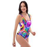 Colorful Neon Joy Rave Swimsuit featuring a cheeky fit, scoop neckline, and low scoop back, designed for the ultimate festival and beach experience, showcasing a dynamic blend of comfort and rave-inspired style, from Prism Raves.