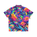 Prism Raves Aloha Psychedelica Men's Hawaiian Shirt featuring a vivid, neon-colored tropical design, available in sizes S to XXL for a comfortable and stylish fit.