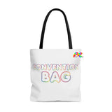 White tote bag with black handles, three sizes, bubble letters in rainbow font that says Convention Bag Accessories Bag, Convention Bag, Lined Bag, Made by Cosplay Moon, White with Black Handles Tote Bag - Cosplay Moon