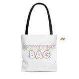 White tote bag with black handles, three sizes, bubble letters in rainbow font that says Convention Bag Accessories Bag, Convention Bag, Lined Bag, Made by Cosplay Moon, White with Black Handles Tote Bag - Cosplay Moon