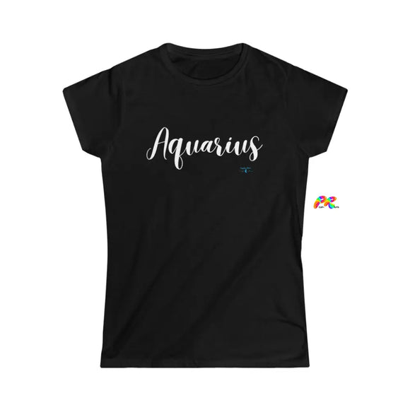 Slim fit short sleeve crew neck, black women's shirt with aquarius written in script, comes in sizes small to 2XL Aquarius Women's Softstyle Tee - Cosplay Moon