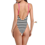 v neck one-piece swimsuit with a cheeky fit and hot pink straps in the back and a black and white checkered pattern sizes small to 3XL Argyle Backless One Piece Swimsuit - Cosplay Moon