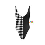 v neck one-piece swimsuit with a cheeky fit and hot pink straps in the back and a black and white checkered pattern sizes small to 3XL Argyle Backless One Piece Swimsuit - Cosplay Moon