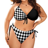 two piece string bikini with checkered black and white pattern with adjustable tie straps sizes extra large to 4XL Argyle Plus Size Bikini - Cosplay Moon