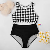 two-piece swimsuit with black high rise bottoms and racer back high neck top with a black and white checkered pattern sizes extra small to extra large Argyle Racerback High-Waist Bikini - Cosplay Moon
