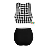 two-piece swimsuit with black high rise bottoms and racer back high neck top with a black and white checkered pattern sizes extra small to extra large Argyle Racerback High-Waist Bikini - Cosplay Moon
