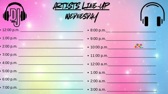 Artists Line-Up Digital Download for Raves and Festivals, customizable schedule planner to organize stage times and performances for rave crews and festival-goers.