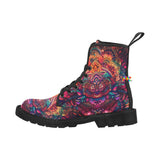 men's canvas doc marten style boots with a rave black non-slip soles and a pull tab, black laces and a psychedelic pattern in orange and maroon colors, comes in sizes 7 to 12.5