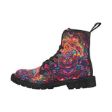 men's canvas doc marten style boots with a rave black non-slip soles and a pull tab, black laces and a psychedelic pattern in orange and maroon colors, comes in sizes 7 to 12.5