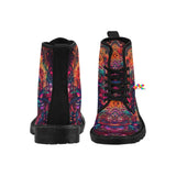 men's canvas doc marten style boots with a rave black non-slip soles and a pull tab, black laces and a psychedelic pattern in orange and maroon colors, comes in sizes 7 to 12.5