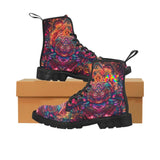 men's canvas doc marten style boots with a rave black non-slip soles and a pull tab, black laces and a psychedelic pattern in orange and maroon colors, comes in sizes 7 to 12.5