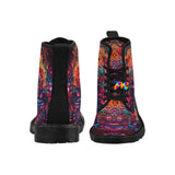 men's canvas doc marten style boots with a rave black non-slip soles and a pull tab, black laces and a psychedelic pattern in orange and maroon colors, comes in sizes 7 to 12.5