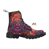 men's canvas doc marten style boots with a rave black non-slip soles and a pull tab, black laces and a psychedelic pattern in orange and maroon colors, comes in sizes 7 to 12.5