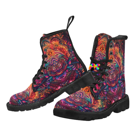 men's canvas doc marten style boots with a rave  black non-slip soles and a pull tab, black laces and a psychedelic pattern in orange and maroon colors, comes in sizes 7 to 12.5