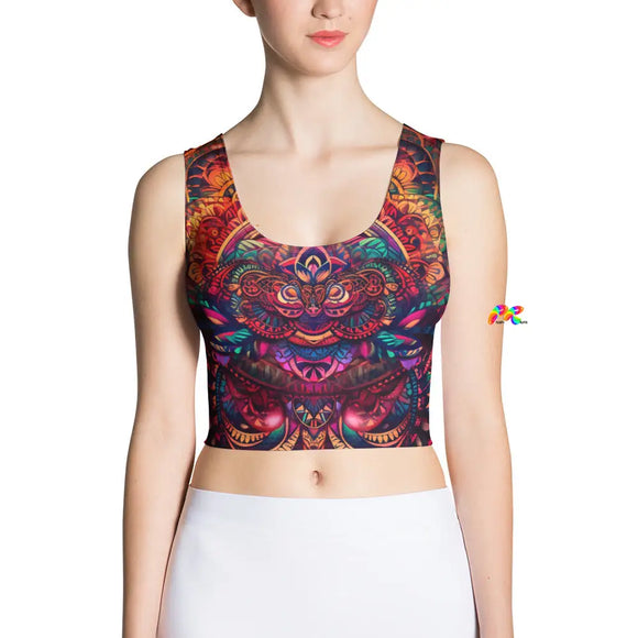 82% polyester, 18% spandex  Fabric weight: 6.78 oz/yd² (230 g/m²) (weight may vary by 5%)  Material has a four-way stretch, which means fabric stretches and recovers on the cross and lengthwise grains.  Made with a smooth, comfortable microfiber yarn  Body-hugging fit  Sleeveless  Women's  Crop Top  Matching Rave Activewear, sizes extra small to extra large, festival and rave outfits, comfy Ayahuasca Crop Top - Cosplay Moon