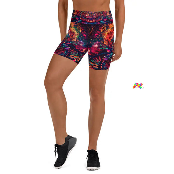  82% polyester, 18% spandex  Very soft four-way stretch fabric  Comfortable high waistband  Triangle-shaped gusset crotch  Flat seam and coverstitch  Women's  High-waist  Yoga shorts  Matching rave outfits sizes extra small to extra large Ayahuasca Yoga Shorts - Cosplay Moon
