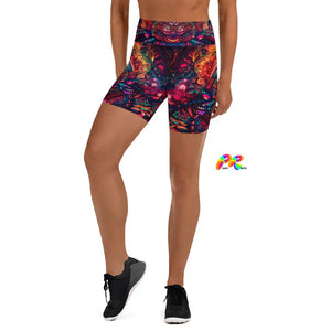  82% polyester, 18% spandex  Very soft four-way stretch fabric  Comfortable high waistband  Triangle-shaped gusset crotch  Flat seam and coverstitch  Women's  High-waist  Yoga shorts  Matching rave outfits sizes extra small to extra large Ayahuasca Yoga Shorts - Cosplay Moon