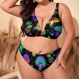 Dreamscape Fungi Rave Plus Size Bikini, featuring psychedelic prints for the ultimate rave swimsuit experience, available in multiple sizes at Prism Raves.