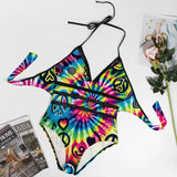 Colorful Happy Vibes Plus Size Rave One-Piece Swimsuit, perfect for festival wear and rave swimwear, highlighting its flattering design.