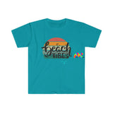 teal,  crew neck short sleeve t-shirt, comes in sizes small to 3XL, beach vibes written in a gradient sunset Beach Vibes Unisex Softstyle T-Shirt - Cosplay Moon