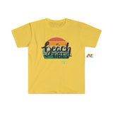 yellow crew neck short sleeve t-shirt, comes in sizes small to 3XL, beach vibes written in a gradient sunset Beach Vibes Unisex Softstyle T-Shirt - Cosplay Moon