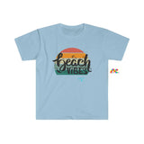 light blue crew neck short sleeve t-shirt, comes in sizes small to 3XL, beach vibes written in a gradient sunset Beach Vibes Unisex Softstyle T-Shirt - Cosplay Moon