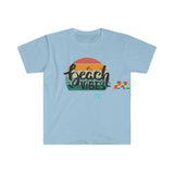 light blue crew neck short sleeve t-shirt, comes in sizes small to 3XL, beach vibes written in a gradient sunset Beach Vibes Unisex Softstyle T-Shirt - Cosplay Moon