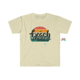 cream crew neck short sleeve t-shirt, comes in sizes small to 3XL, beach vibes written in a gradient sunset  Beach Vibes Unisex Softstyle T-Shirt - Cosplay Moon