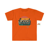 orange  crew neck short sleeve t-shirt, comes in sizes small to 3XL, beach vibes written in a gradient sunset Beach Vibes Unisex Softstyle T-Shirt - Cosplay Moon